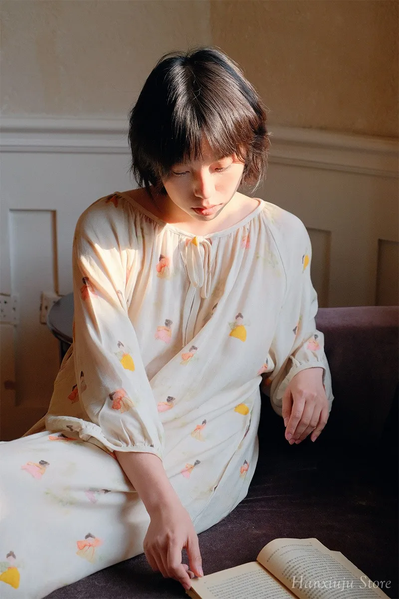Hanxiuju Vintage Long Sleeve Nightgowns For Women Soft Viscose Cotton Nightwear Ladies Elegant Dress Spring Autumn 17 S2d026606788442658b03f3151a945c062