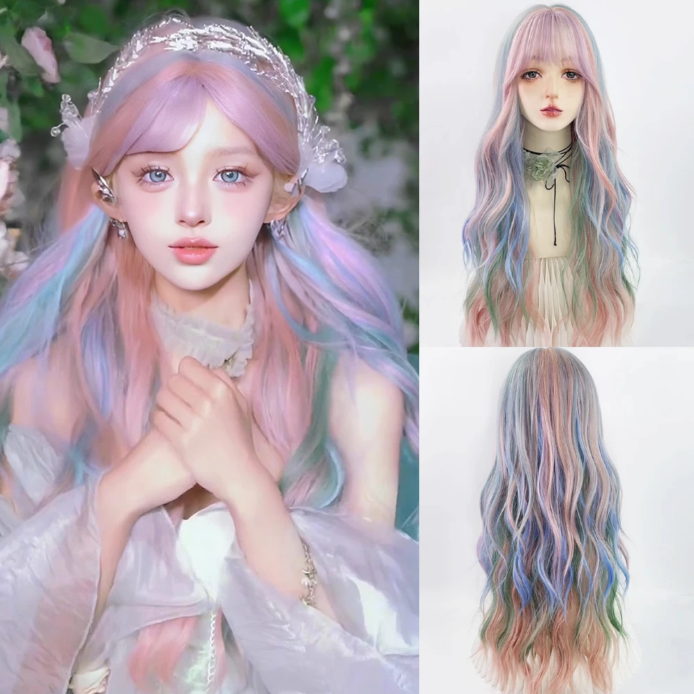 

Rainbow Ombre Pink Blue Mixed Long Wavy Women Wigs with Bangs Synthetic Lolita Cosplay Hair Wig for Daily Party