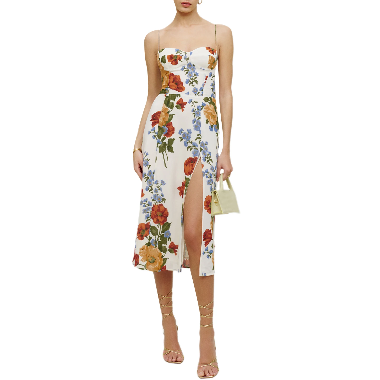 

Summer Women's Sling Midi Dress Fashion Flower Print Sweetheart Neckline Sleeveless Cami Dress Backless Beach Party Dress
