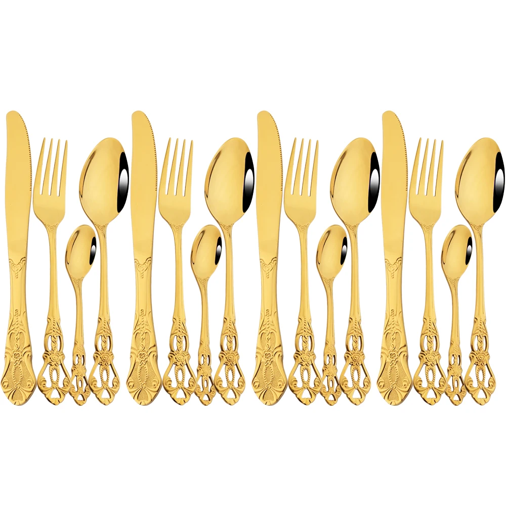 

Drmfiy Gold 16/24Pcs Cutlery Set Western Stainless Steel Dinnerware Tableware Set Knives Forks Coffee Tea Spoons Silverware Set