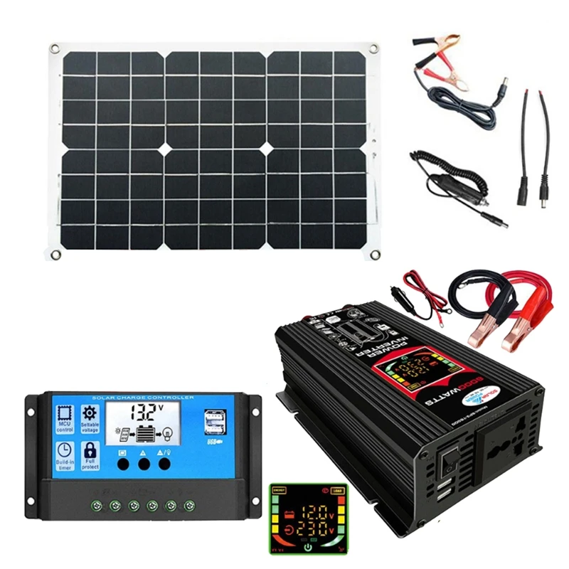 

Solar Panel Kit Complete 6000W Modified Sine Wave Inverter LCD Display Dual USB DC12V To With 30A Solar Controller