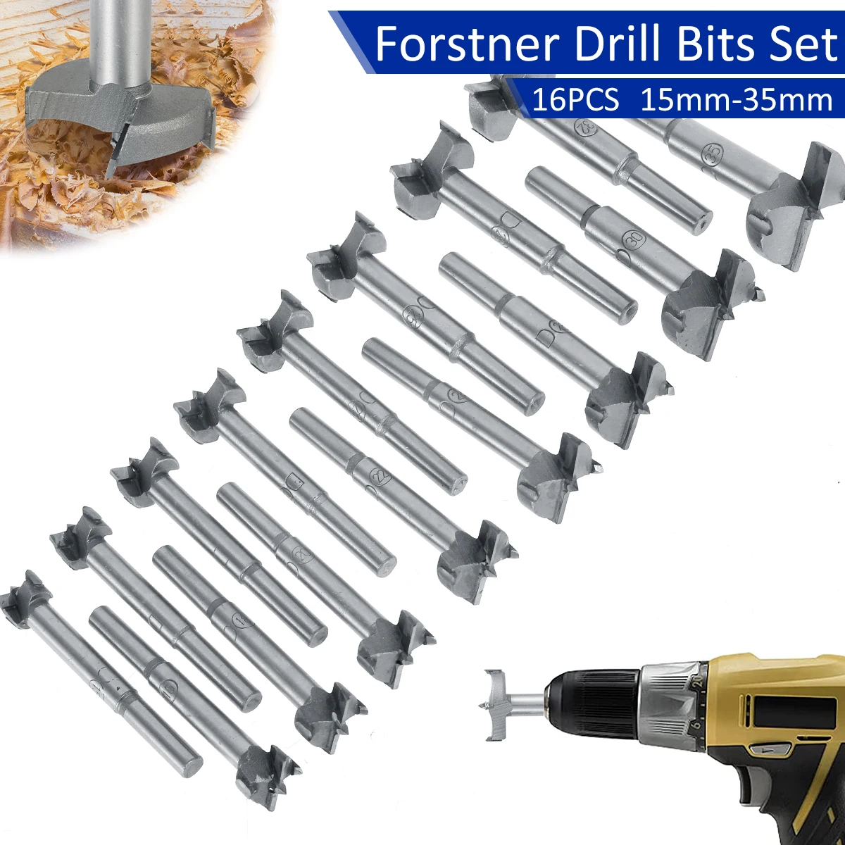 16Pcs Forstner Drill Bits Set 15-35mm Wood Drill Bits Set Carbide Woodworking Hole Opener with Round Shank Flat Wing Drilling
16Pcs Forstner Drill Bits Set 15-35mm Wood Drill Bits Set Carbide Woodworking Hole Opener with Round Shank Flat Wing Drilling