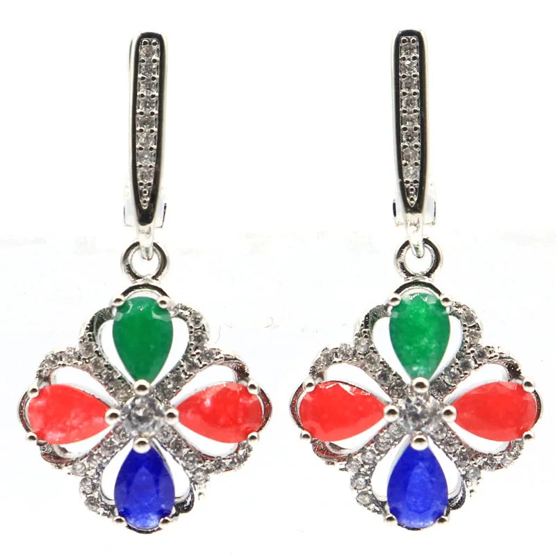 

33x17mm Multi Color Flowers Shape Real Blue Sapphire Green Emerald Red Ruby White CZ For Daily Wear Silver Earrings