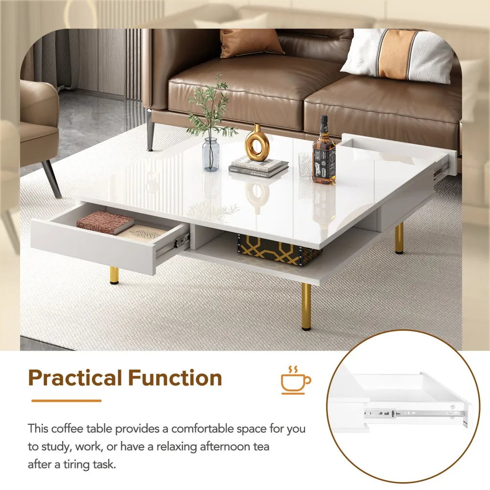 33.4" Coffee Table With 4 Golden Legs Open Shelves 2 Drawers 2-Tier Square Modern Coffee Table Side Center Table For Living Room
33.4" Coffee Table With 4 Golden Legs Open Shelves 2 Drawers 2-Tier Square Modern Coffee Table Side Center Table For Living Room