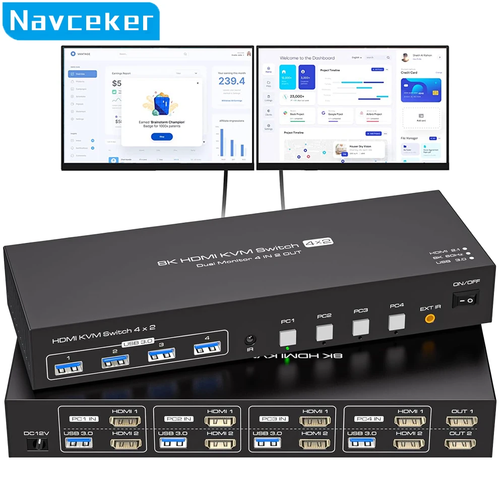 

Navceker 8K HDMI KVM Switch 2 Monitors 4 Computers 4K 144Hz Dual Display 4x2 USB 3.0 KVM Switch for 4 PC Share Keyboard Mouse