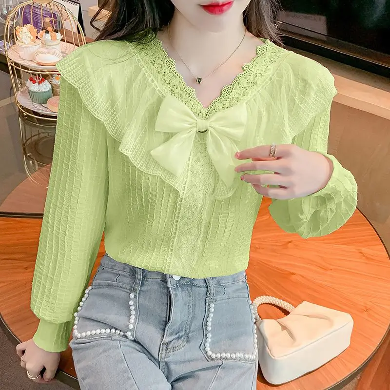 Bow Shirt Women's Lace Ruffled Shirt Spring/Summer Thin Solid Women's Top Grass Green Casual Shirt Womens Tops and Blouses
Bow Shirt Women's Lace Ruffled Shirt Spring/Summer Thin Solid Women's Top Grass Green Casual Shirt Womens Tops and Blouses