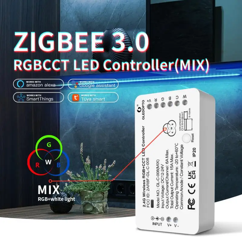 

3.0 DC12-24V RGB+CCT RGBW WWCW Smart LED Strip Controller Voice Control Work with Echo Plus SmartThings