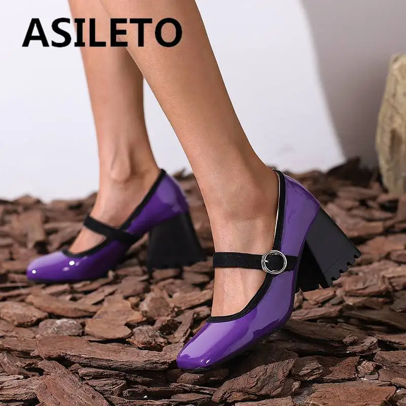 

ASILETO Women Pumps Square Toe Block Heels 7cm Buckle Strap Mixed Color Plus Size 46 47 48 Concise Female Daily Shallow Shoes