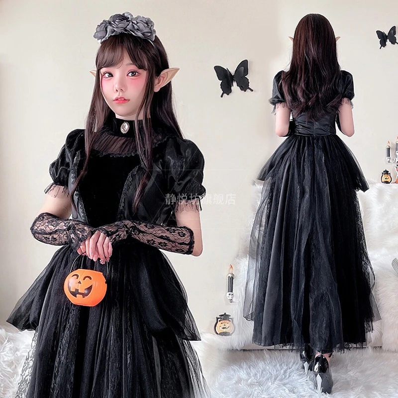 

Halloween Costume for Women Ghost Bride Cosplay Gothic Attire Vampire Witch Elegant Dark Long Dress 3Piece Disfraz Anime