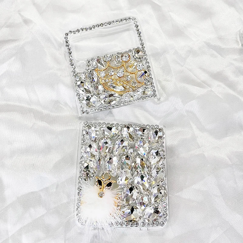 

Luxury Fashion Crown Fox Fur Sparkle Gems Love Bling Flower Cases for Samsung Galaxy Z Flip1 2 3 4 Flip4 Flip5 5G Diamond Cases