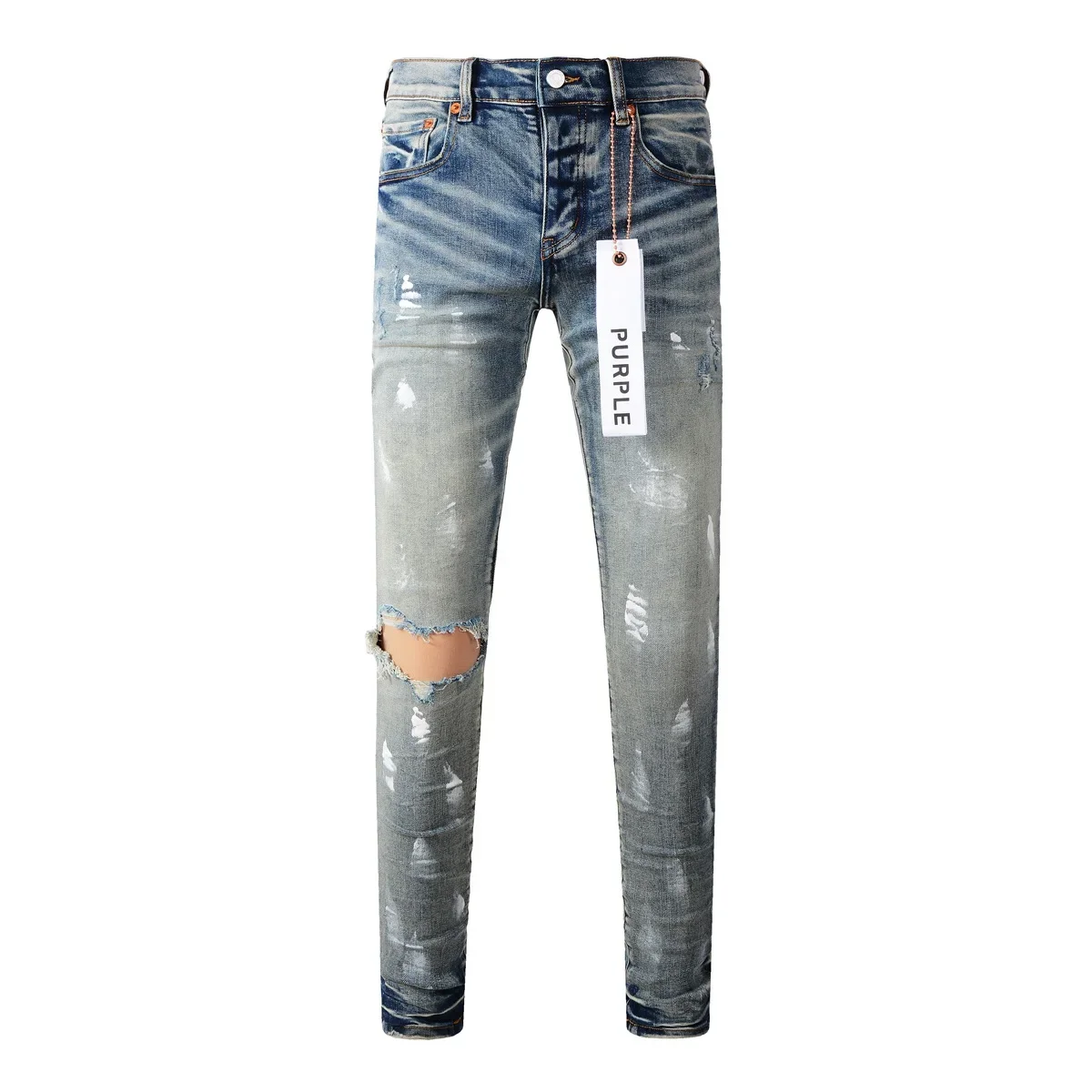 

Фиолетовые брендовые джинсы с отверстиями для краски и голубыми белыми цветами, модные высококачественные облегающие джинсовые брюки с низкой посадкой