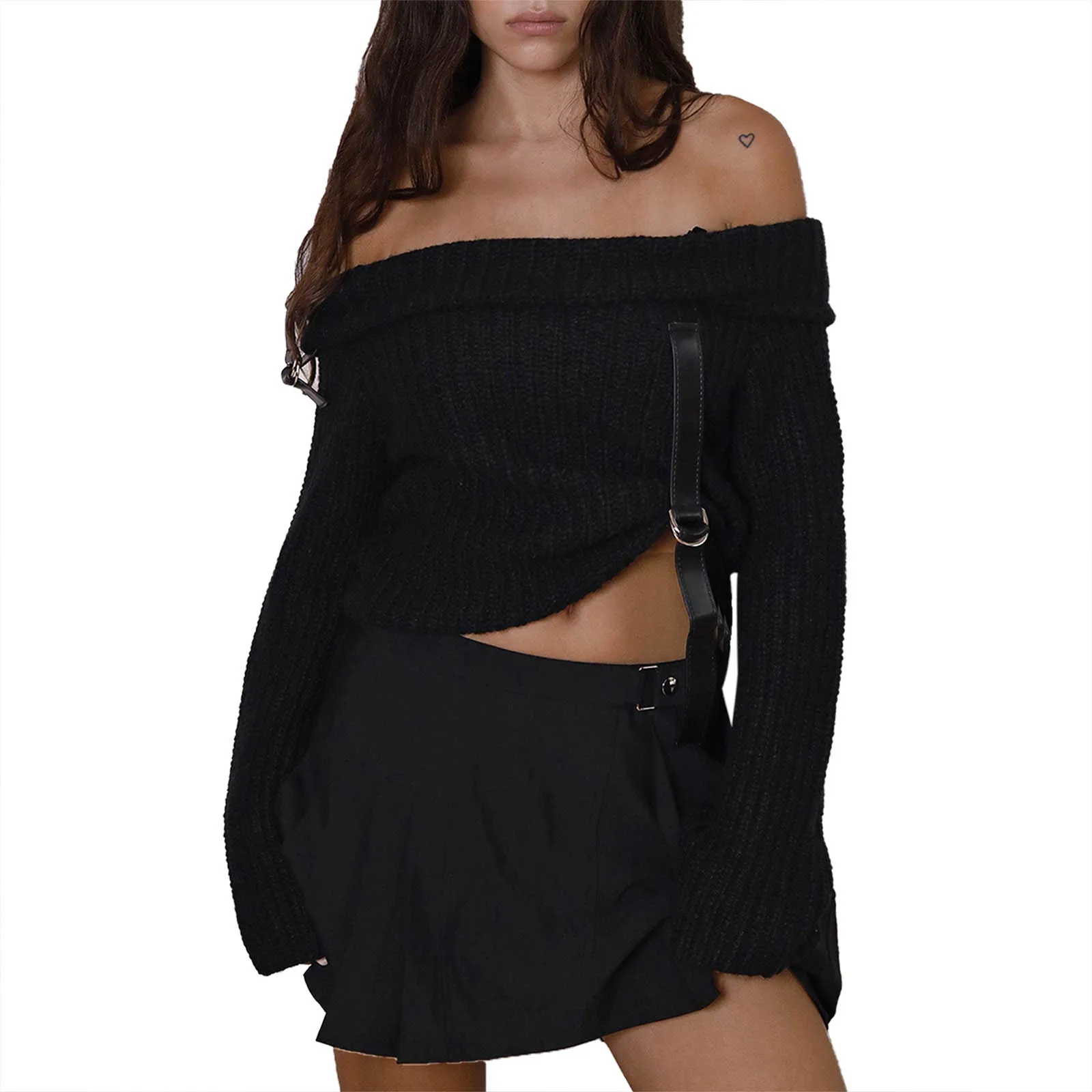 Women Solid Color Knit Sweater Belt Decor Long Sleeve Boat Neck Off Shoulder Pullovers Spring Fall Cropped Jumpers Streetwear
Women Solid Color Knit Sweater Belt Decor Long Sleeve Boat Neck Off Shoulder Pullovers Spring Fall Cropped Jumpers Streetwear