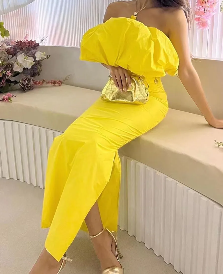 

Koendye Yellow Prom Dresses Side Slit Long Party Evening Gowns Strapless Ruched Zipper Back Wedding Guest Dress for Women 2024