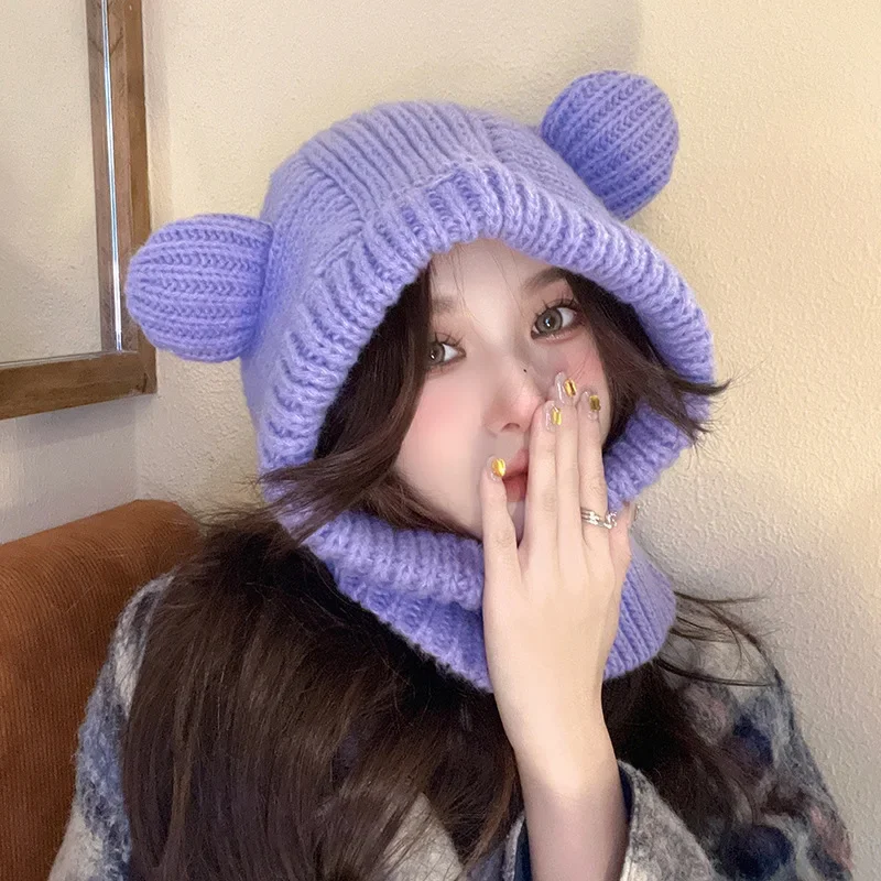 

Корейская шерстяная шапка с милыми медвежьими ушками для женщин, утолщенная Зимняя Теплая Вязаная Шапка-бини с защитой шеи и защитой от холода