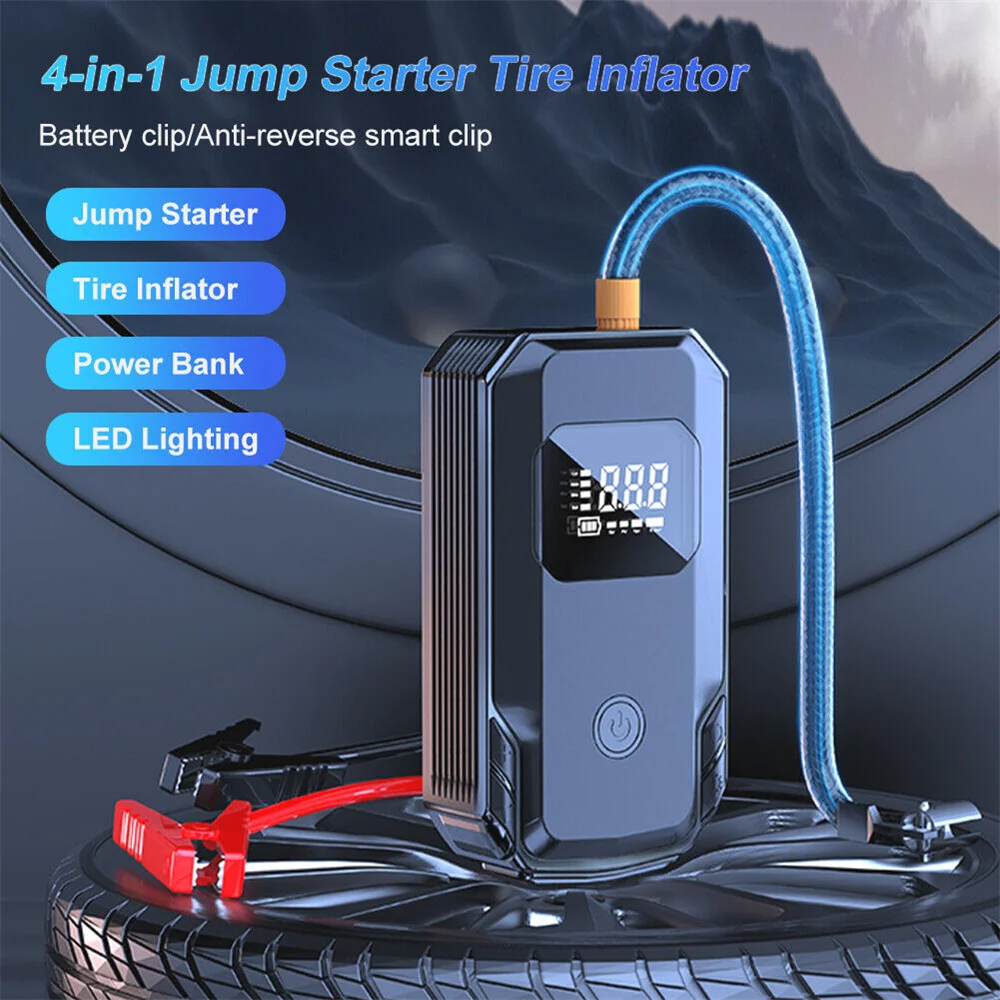 

Car Jump Starter Air Compressor Portable Booster Charger 1200A Powerful Battery Starting Device with Flashlight Tire Inflator