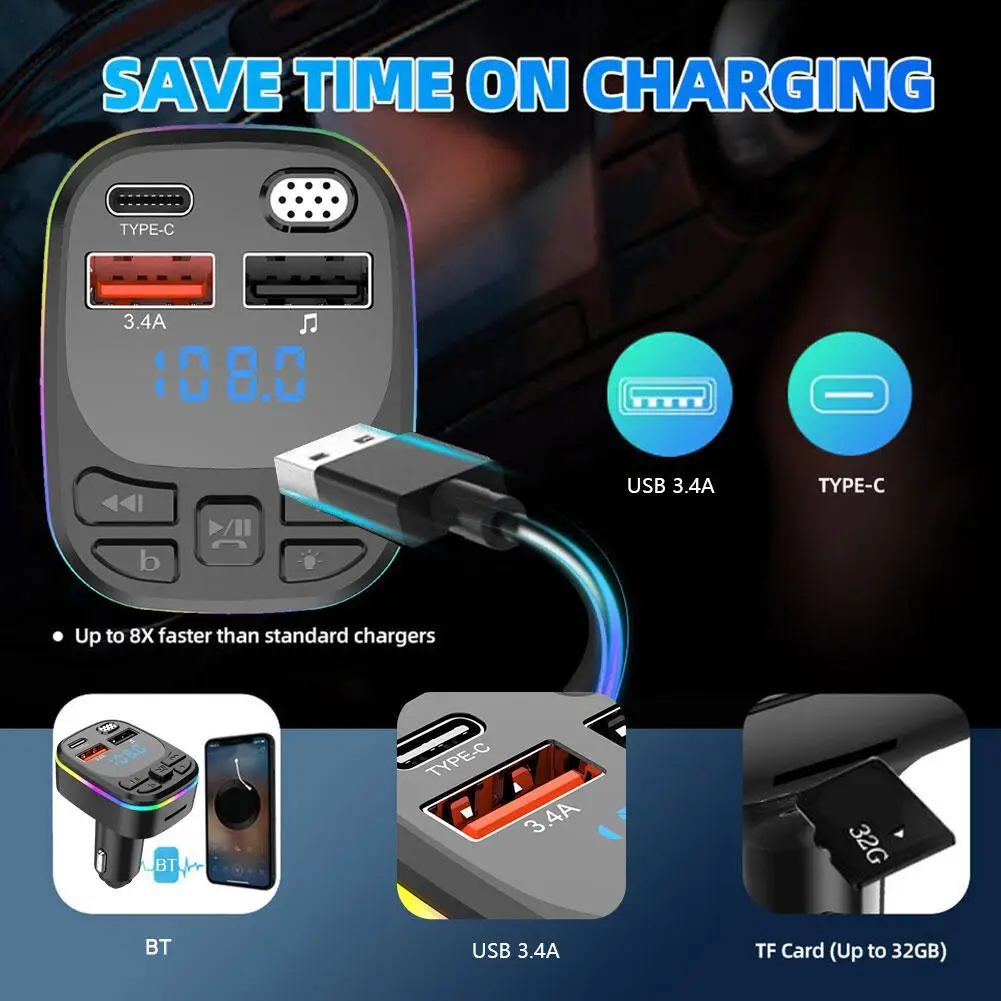 

Car Bluetooth 5.0 FM Transmitter PD Type-C Dual USB Accessory Handsfree Colorful Light Fast MP3 Player Modulator 3.1A Charg N3W3