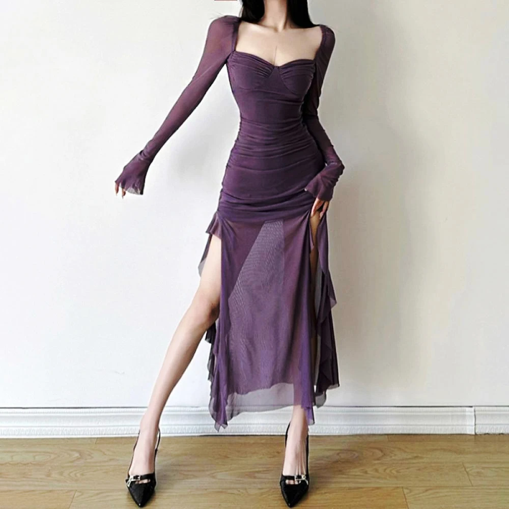 Fashion Square Neck Dress Long Sleeves High Waist Mesh Dress Sexy Hollow Ruffles Slim Fit Tie Gown Elegant Woman Party Wear
Fashion Square Neck Dress Long Sleeves High Waist Mesh Dress Sexy Hollow Ruffles Slim Fit Tie Gown Elegant Woman Party Wear