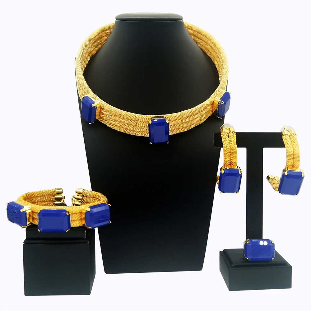 

Yuleili Brazilian style gold plated exquisite jewelry set Blue gemstone advanced sense of temperament dazzling wedding party gif