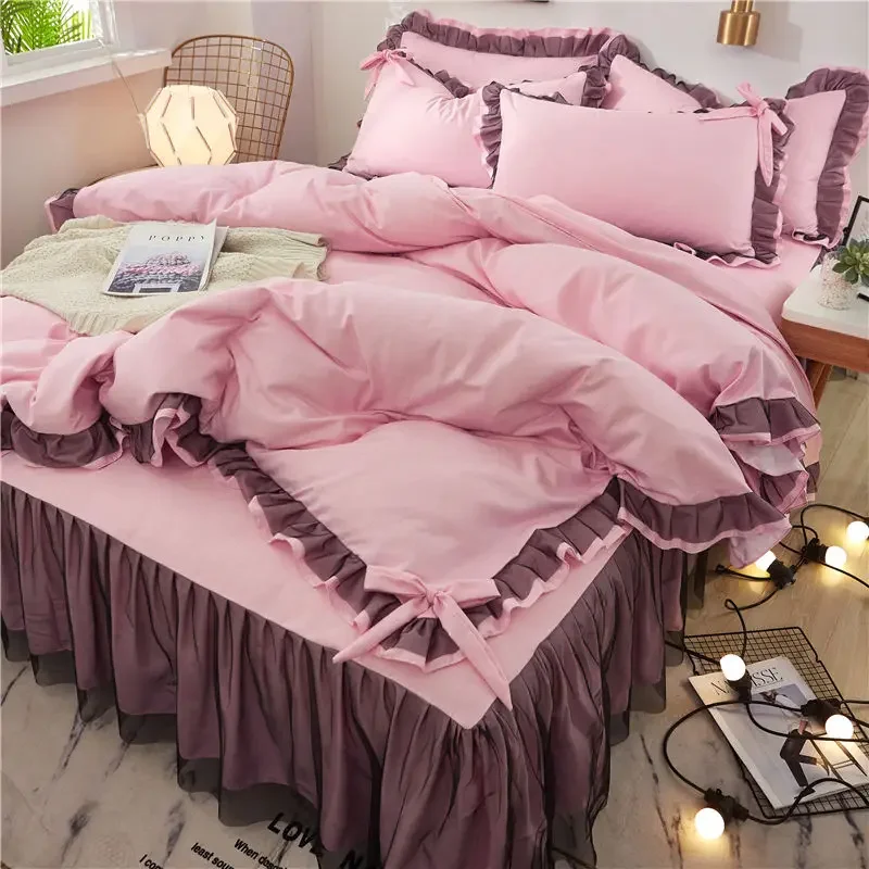 

4pcs Bed Skirts Sets Linen Comforter Bedsheets with Pillows Case Bedding Bedspreads for Double Duvet Cover King Queen Size Home