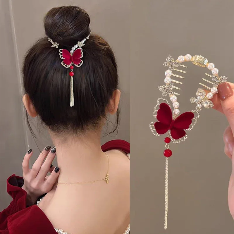 

Butterfly Tassel Hair Claws for Women Shiny Rhinestones Pearl Hair Clip Girls Elegance Temperament Headdress Hair Accessoires