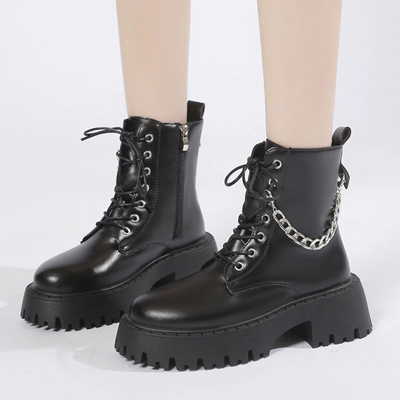 

Fashion Metal Chain Ankle Boots Women Autumn Thick Platform Punk Combat Boots Woman Black PU Leather Lace Up Motorcycle Booties