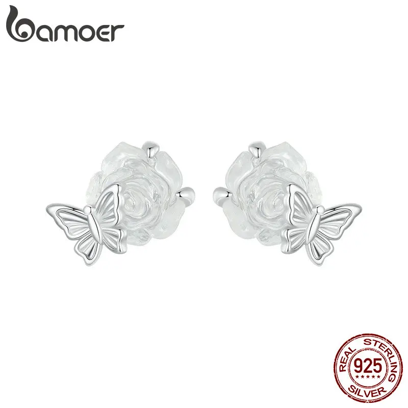 

BAMOER White Gold Plated Elegant Rose Stud Earrings for Women, 925 Sterling Silver Flying Butterfly Hypoallergenic Earrings Part