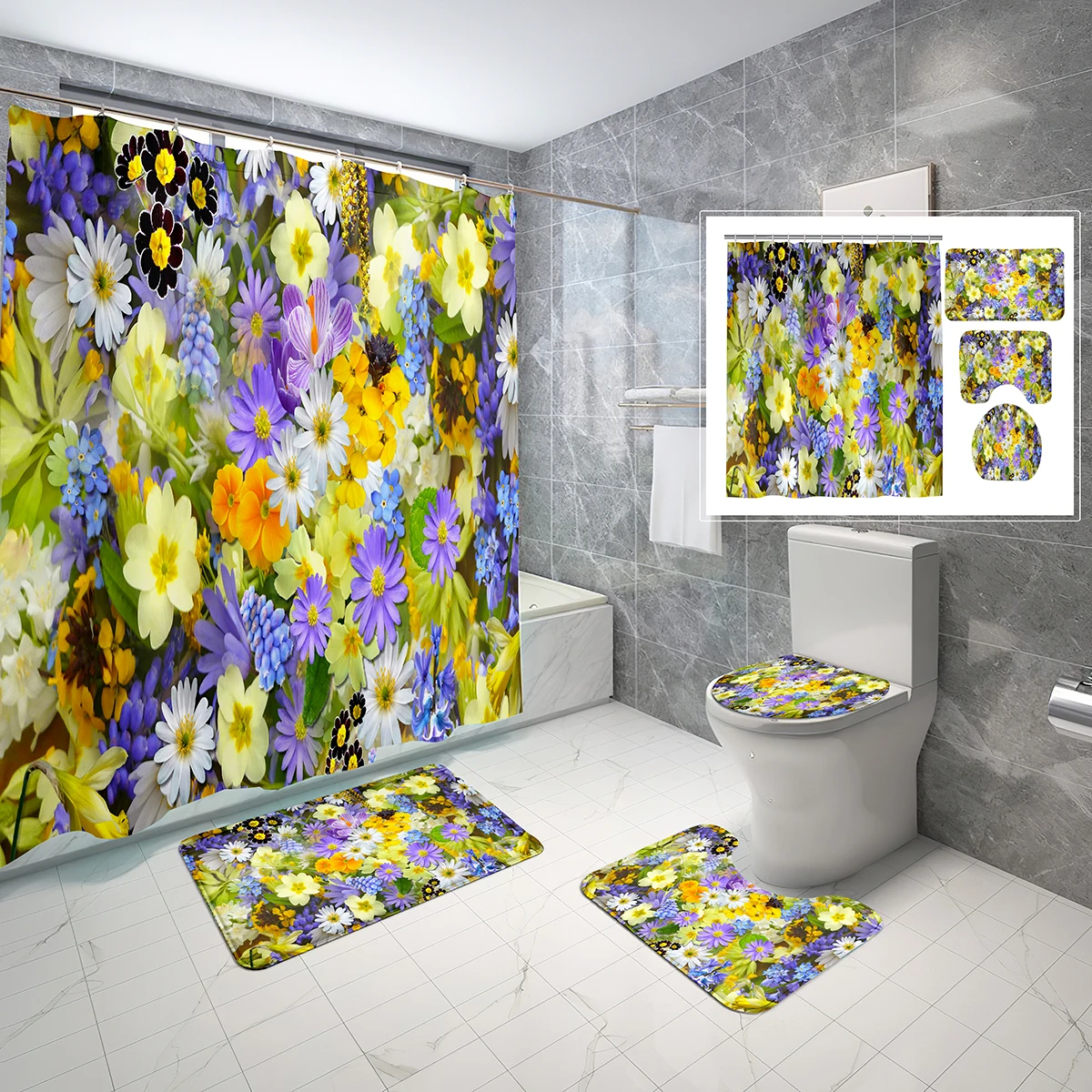 Elegant Wildflower Design Shower Curtain Set Yellow Purple Flowers 4 Pcs Shower Curtain Bathroom Non-Slip Bath Mat Toilet Cover
Elegant Wildflower Design Shower Curtain Set Yellow Purple Flowers 4 Pcs Shower Curtain Bathroom Non-Slip Bath Mat Toilet Cover