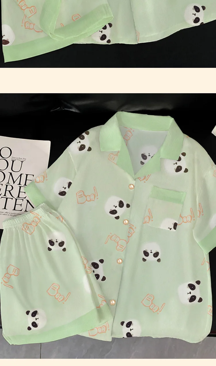Summer Women's Ice Silk Fashion New Cartoon Pajamas Homewear Set Girls Color Collision Lapel Short-Sleeved Casual Homewear Set 35 S2d23fbcd61c94099bd59dc79e483df24a