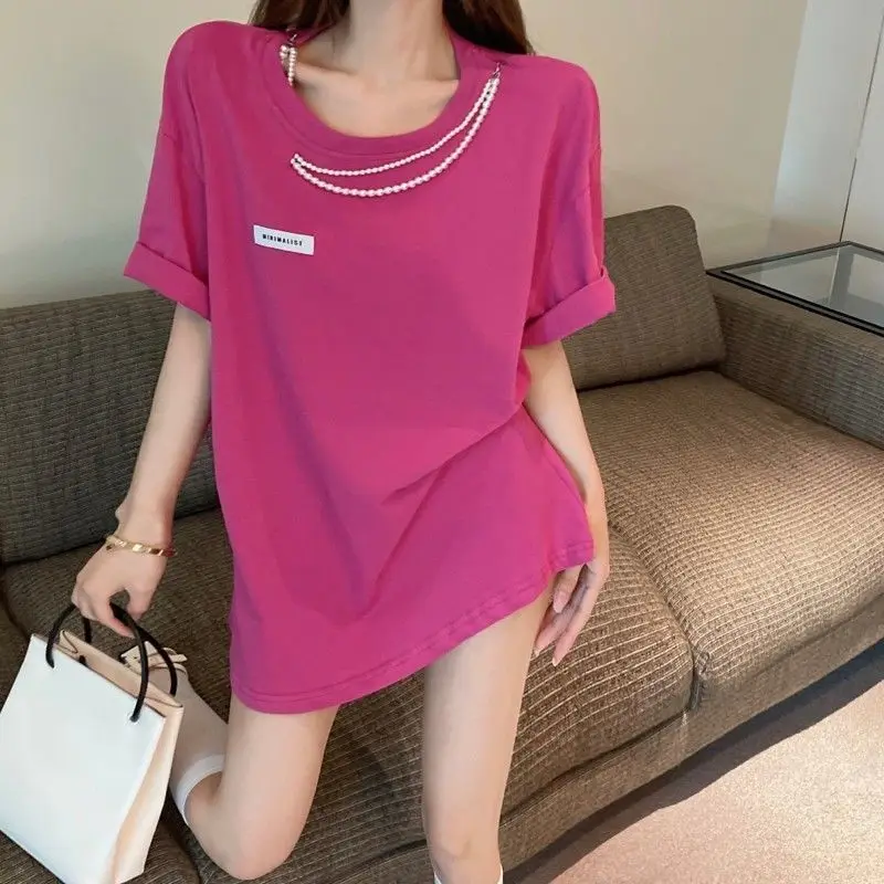 

Fashion O-Neck Spliced Loose Casual Beading T-Shirts Female Clothing 2024 Summer New Oversized Korean Tops All-match Tee Shirt