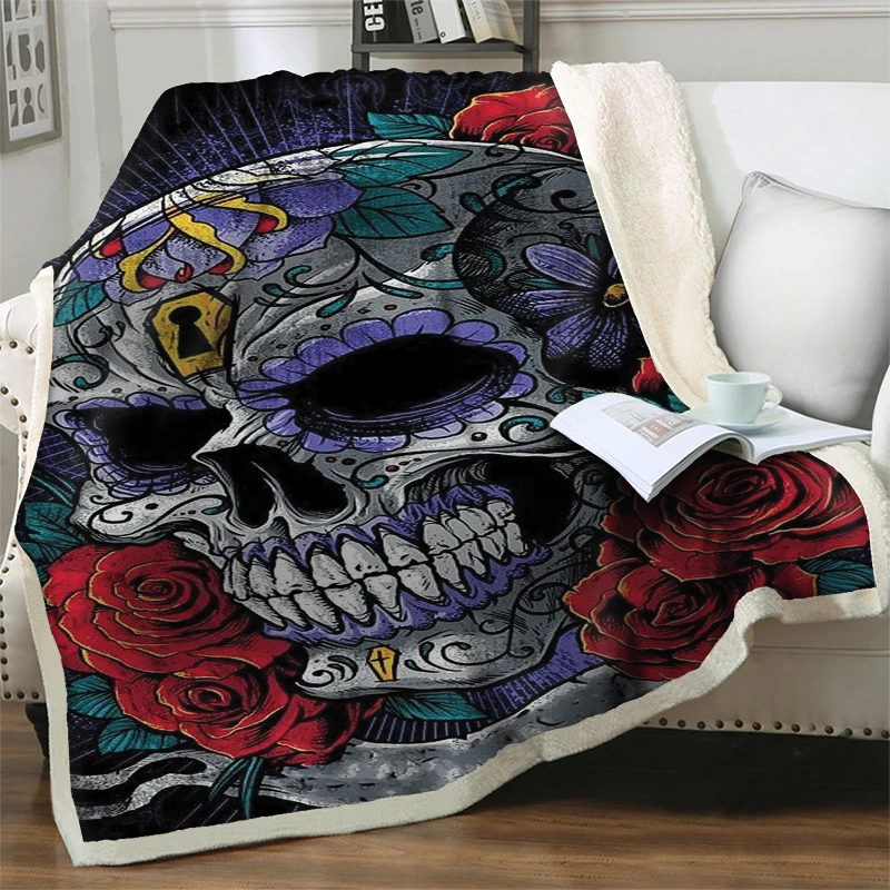 

Terror Skull With Flower 3D Printed Fleece Blankets For Beds Sofa Thick Quilt Cover Fashion Bedspread Sherpa Plush Throw Blanket