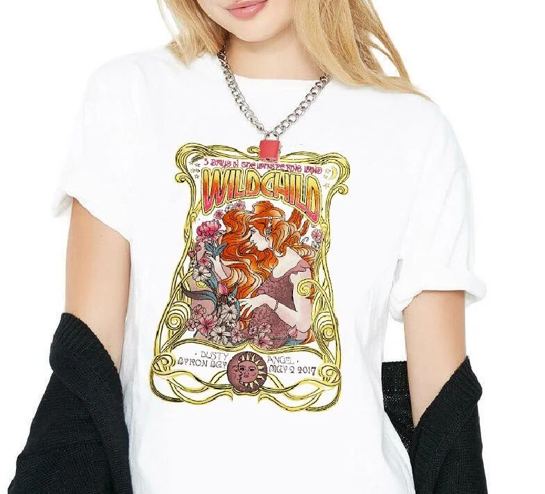 

WILD CHILD Duty Angel Printed Khaki T Shirt Boho Gypsy Girl Print T-shirt Tops Cotton Apricot O Neck Bohemian Top T-shirts