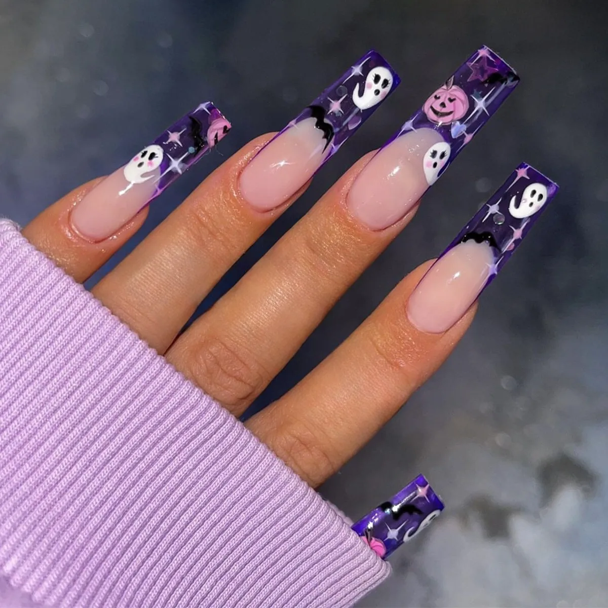 

3D fake nails for halloween party ghost bat pumpkin star designs long french coffin tips faux ongles press on false nails set