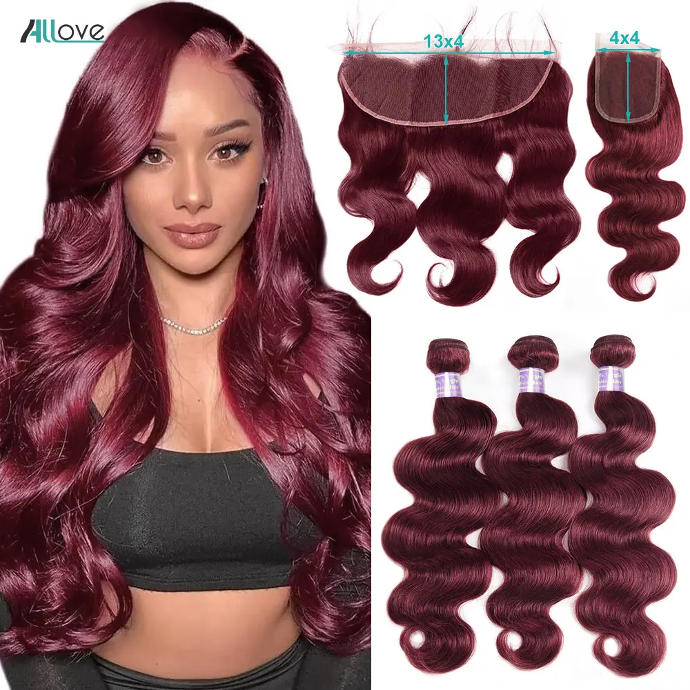 

Allove Burgundy Body Wave Bundles With Frontal 13x4 Transparent Lace Frontal With Bundles 99J Brazilian Bundles With Closure