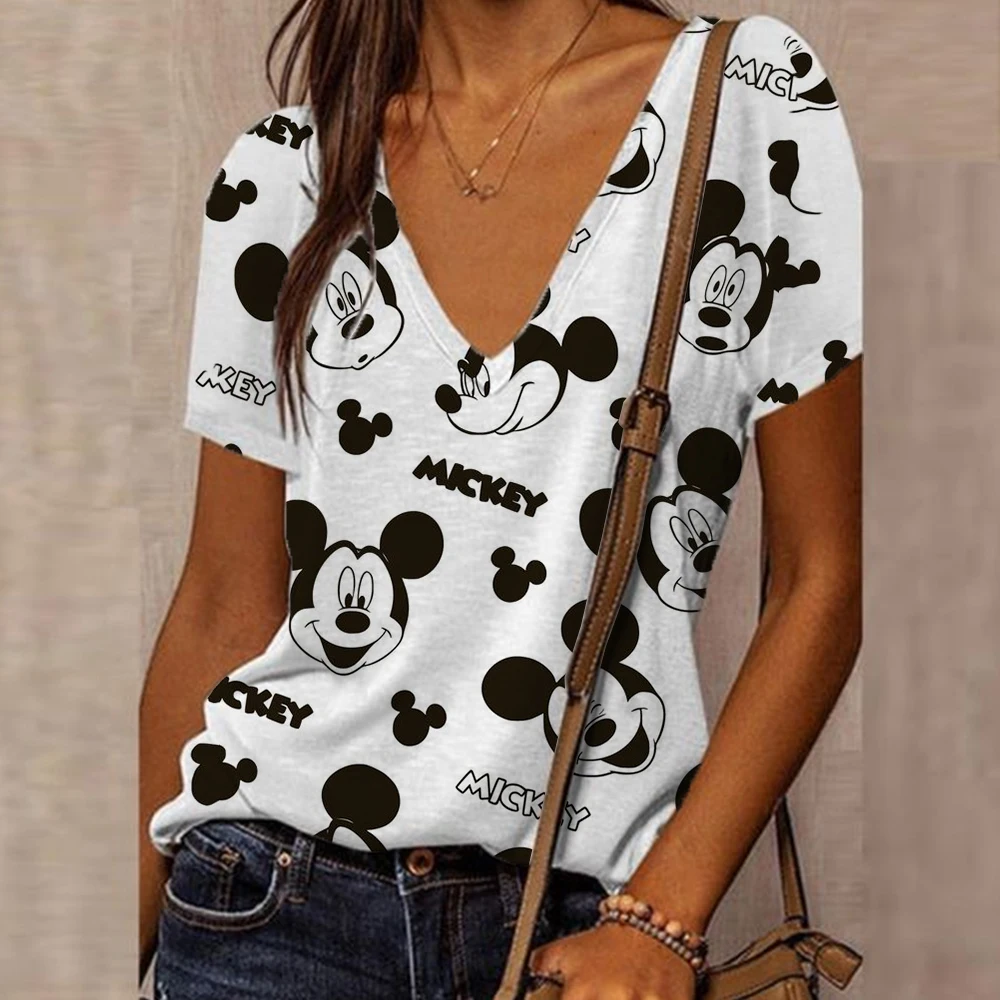 

5XL Ladies Tops Casual Short Sleeve V-Neck Loose T Shirt Women 3D Disney Minnie Mickey Mouse Summer Tees New Breathable Clothes