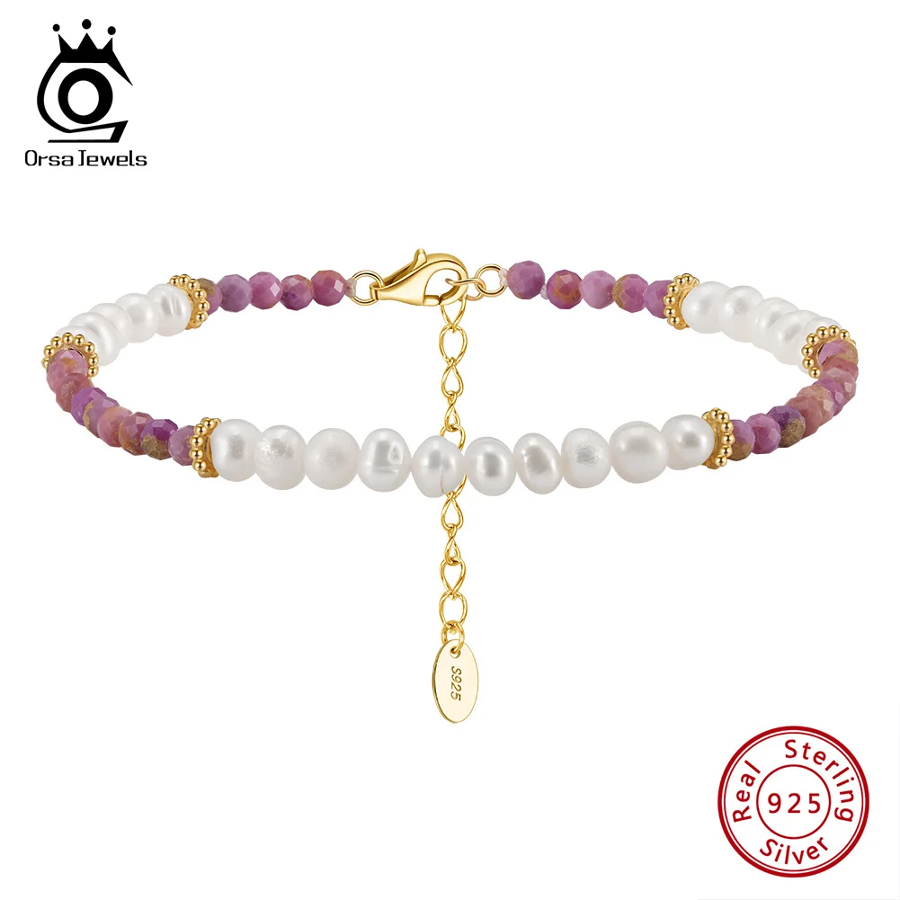 

ORSA JEWELS Fashion 925 Sterling Silver Natural Pearl Bracelet for Women 14K Gold Purple Mica Chain Bracelet Jewelry Gift MPB02