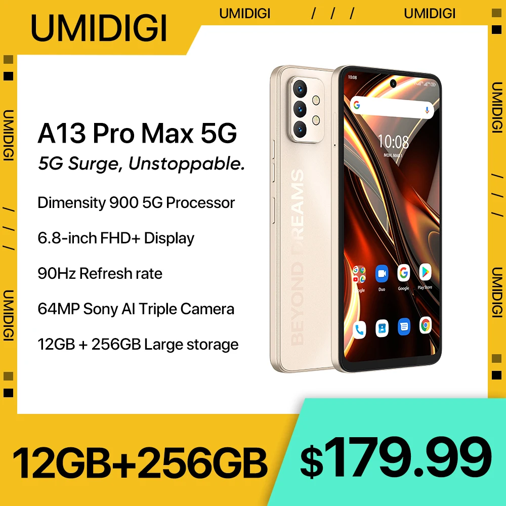 New UMIDIGI A13 Pro Max 5G Smartphone, Dimensity 900, 12GB+256GB, 64MP Triple Camera, 6.8'' FHD+ Display 5150mAh 90Hz Phone
New UMIDIGI A13 Pro Max 5G Smartphone, Dimensity 900, 12GB+256GB, 64MP Triple Camera, 6.8'' FHD+ Display 5150mAh 90Hz Phone