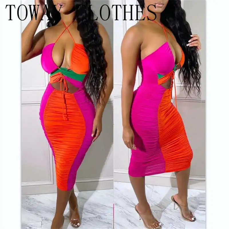 

Colorblock Ruched Cutout Criss Cross Tied Detail Backless Halter Sleeveless Bodycon Dress Chic Sexy Mid-Calf Skinny Night Out