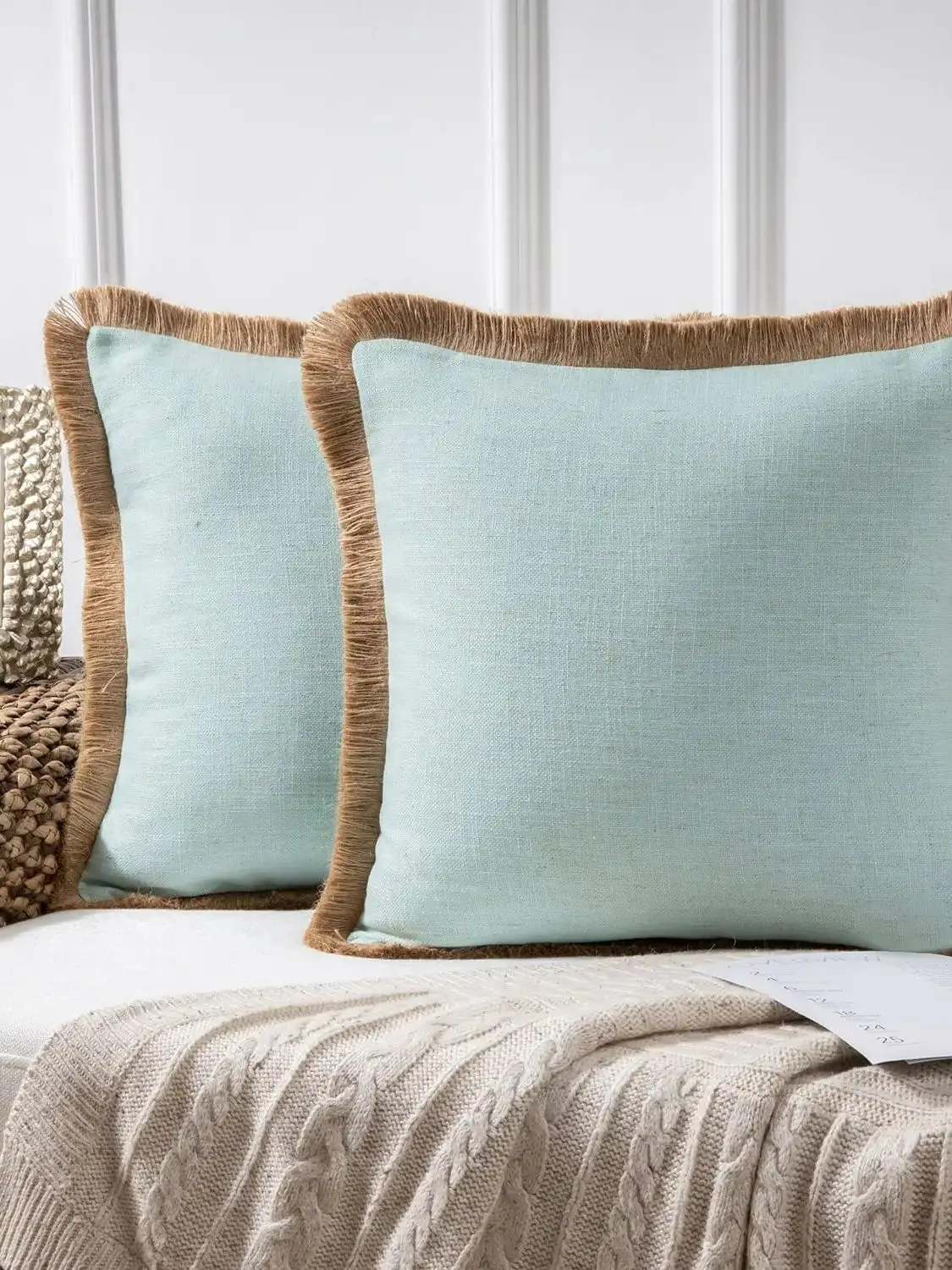 

Phantoscope Linen Tassel Trimmed Farmhouse Series Decorative Throw Pillow, 18" x 18", Water Blue, 2 Pack