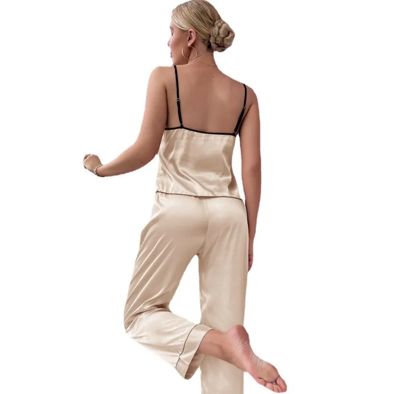 

Two Piece Set of Suspender Pants Summer Thin Imitation Silk Pajamas V-neck Sling Nightgown Solid Color Home Clothing for Women