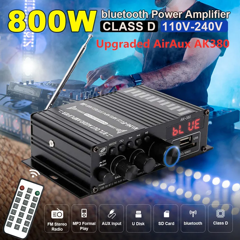 

NEW AirAux AK380 Hifi Audio Home Digital Amplifiers Car Audio Bass Power bluetooth Amplifier FM USB SD Radio Subwoofer Speakers
