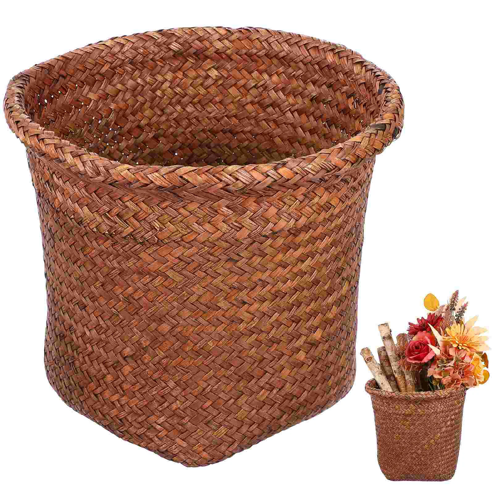 

Garbage Can Waste Straw Rubbish Clothes Office Car Storage Bin With Lids With Lids Mini Woven Basket Office Trash with Lid