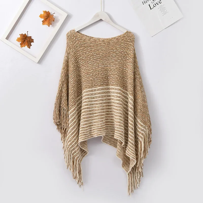 2024 Spring Autumn One Line Collar Female Pullover Cloak Fashion Split Lady Tassel Shawl Warm Scarf Cloak Poncho Capes Khaki
2024 Spring Autumn One Line Collar Female Pullover Cloak Fashion Split Lady Tassel Shawl Warm Scarf Cloak Poncho Capes Khaki