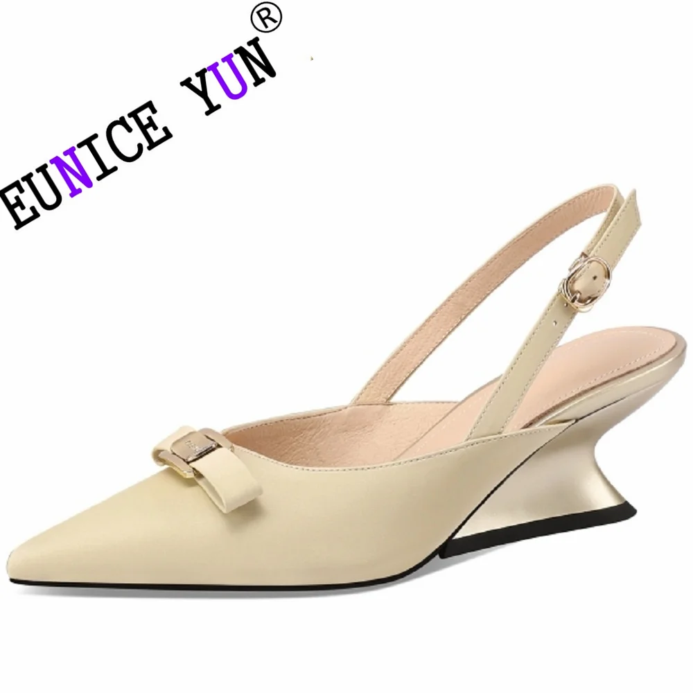 

【EUNICE YUN】New Brand Genuine Leather Pumps Hollow Pointed Toe Wedges high heels Fashion Dress Women Shoes 33-43