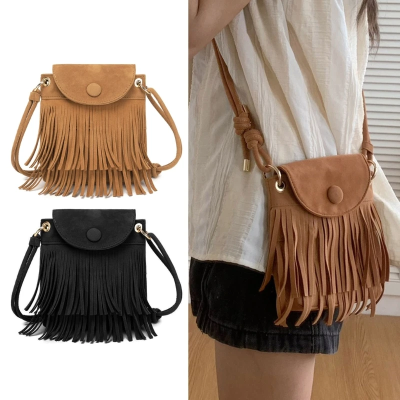 

Vintage Tassels Crossbody Bag Women Small Flap Square Phone Pouch Female Daily Casual All-match Shoulder Bag for Work Shopping