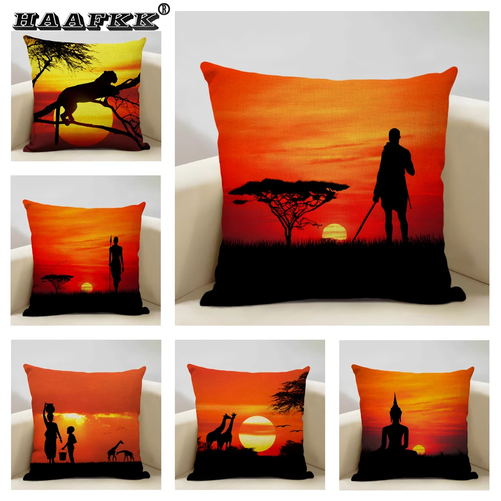 

Sunset Africa Landscape People Decorative Cushion Cover Animals Elephant Giraffe Scenic Home Decor Art Throw Pillow Case Linen