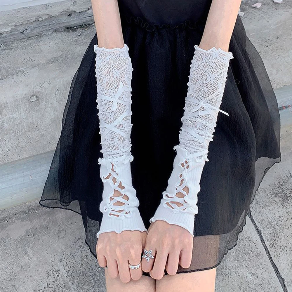 

Women Lolita Jk Lace Y2K Fingerless Gloves Black Gothic DIY Strapping Sunscreen Sleeve Accessories Elastic Mesh Punk Gloves