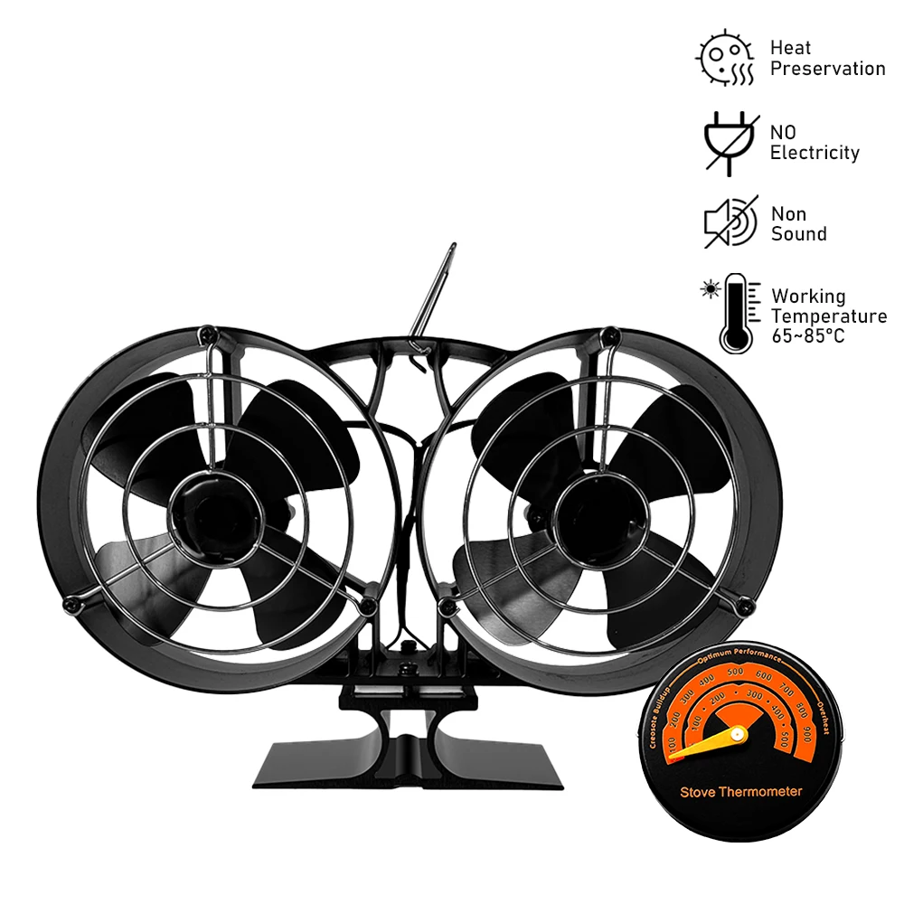 

Double Head Fireplace Fan 8 Blade Heat Powered Stove Fan No Battery or Electricity Required Log Wood Burner Eco Quiet Fan Heater