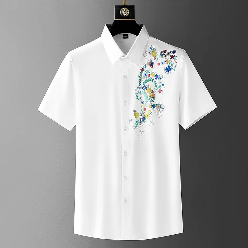 High end trend hot diamond printed short sleeved shirt men's summer personalized and handsome casual half sleeved white shirt
High end trend hot diamond printed short sleeved shirt men's summer personalized and handsome casual half sleeved white shirt