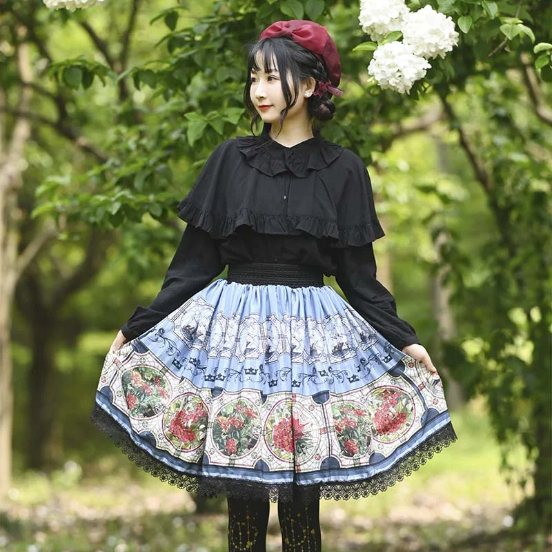 

Ainclu Original Japanese Loli Soft Sister Blue Fashion Vintage Flowers Lace Print Pleated Short Lolita Skirt Gift Socks