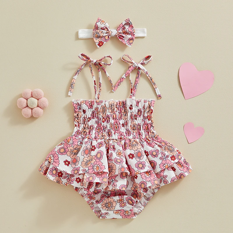 

Newborn Girl Summer Outfit Tie-up Flower Print Sleeveless Romper Dress with Bowknot Hairband 2 Pieces Set for 0-24 Months